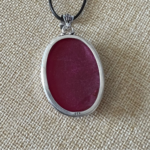 Enhanced Faceted Ruby Silver Overlay Pendant Necklace w Cord - Picture 5 of 7